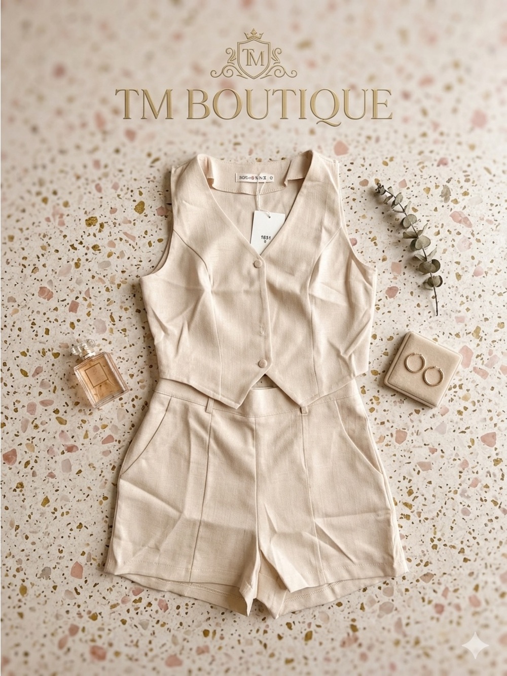 MK Boutique Women's Cream Linen-Blend Vest & High-Waist Shorts Set